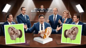 Cochlear implant lawyers show hearing device implant to judge in court.
